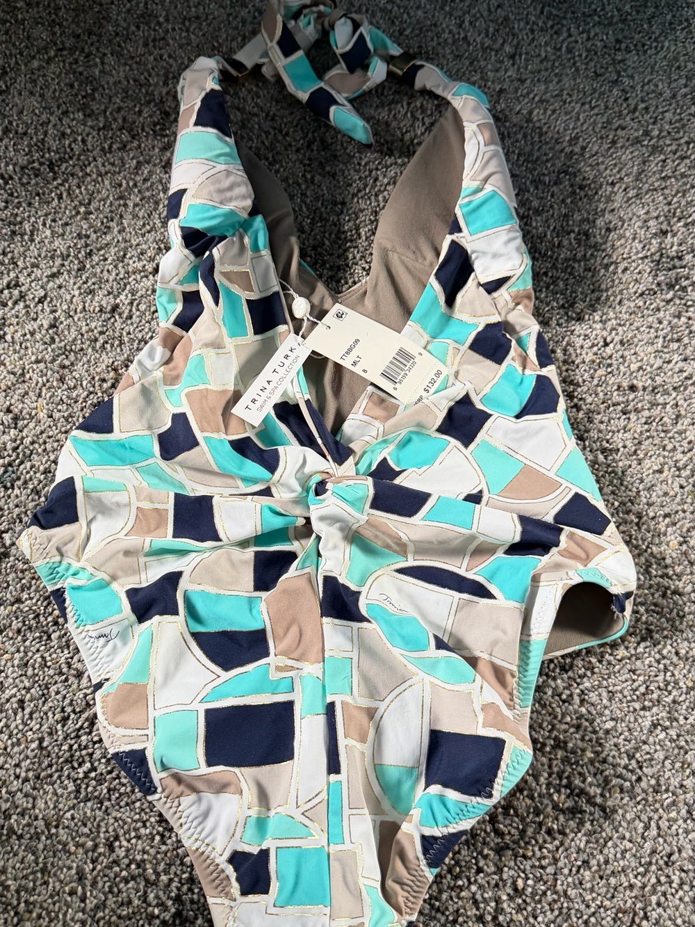 Trina Turk Aqua, Teal, Navy & Cream Geometric Halter One-Piece Swimsuit - Picture 3 of 6